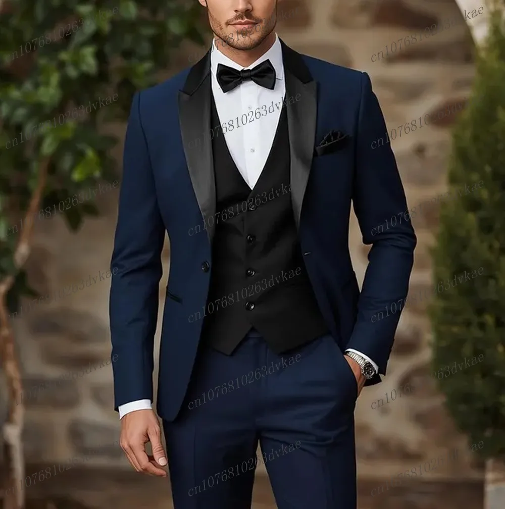 

Navy Blue And Black Formal Business Men Suit Groom Groomsman Wedding Party Prom Male Tuxedos 3 Piece Set Blazer Vest Pants