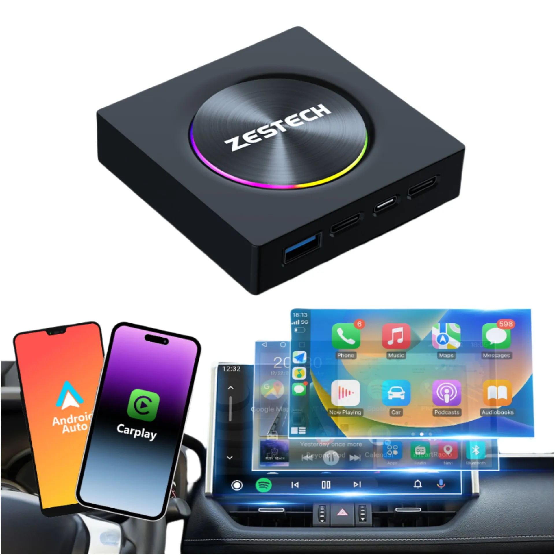 ZESTECH CarPlay AI Box 2024 Android 13 CarPlay Video Adapter Wireless CarPlay Android Auto Dongle New LED starry sky ring