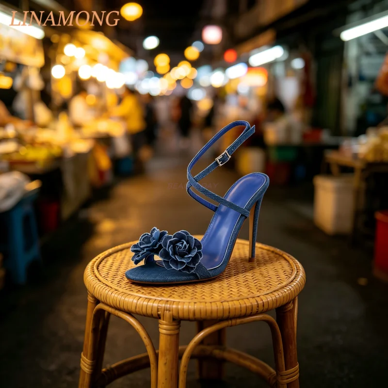 Sparkly Denim Wrap Ankle Heel Sandals Open Toe Fabric Flower Detail Buckle Fastening Thin Stiletto Heel Party Fashion Footwear