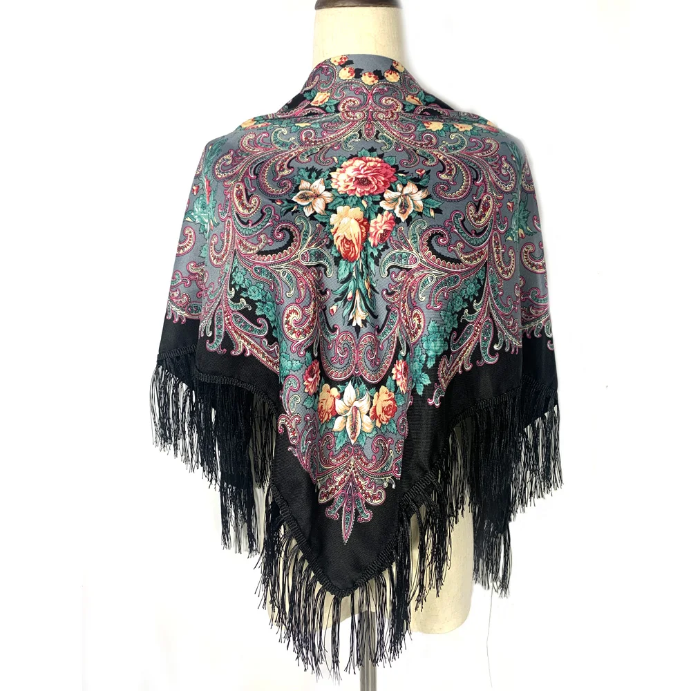 115*115cm Women Russian Scarf Luxury Floral Print Square Bandana Ukrainian Fringed Shawl Babushka Handkerchief Head Wraps