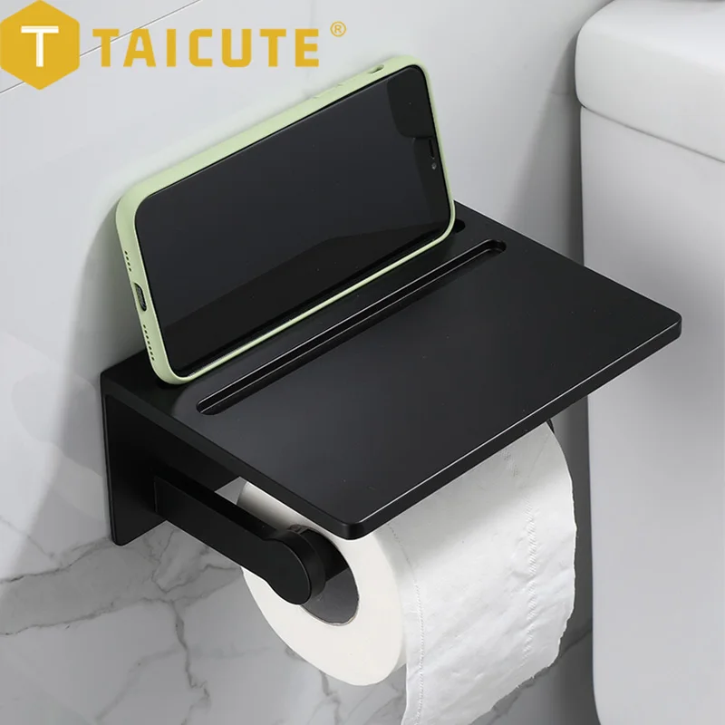 TAICUTE Toilet Paper Roll Holder with Shelf Adjustable Pole Toilet Tissue Hanger with WC Bathroom Accessories Storage Organizer