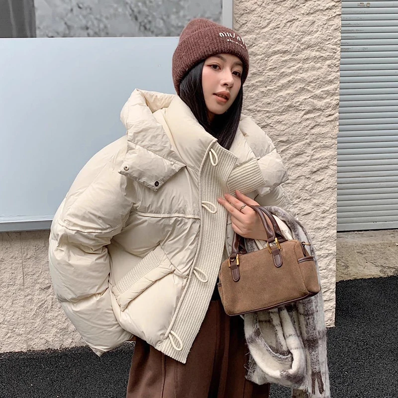 Inverno puff malha emenda com capuz jaqueta feminina pato branco para baixo curto parker outwears feminino zíper engrossar jaqueta acolchoada