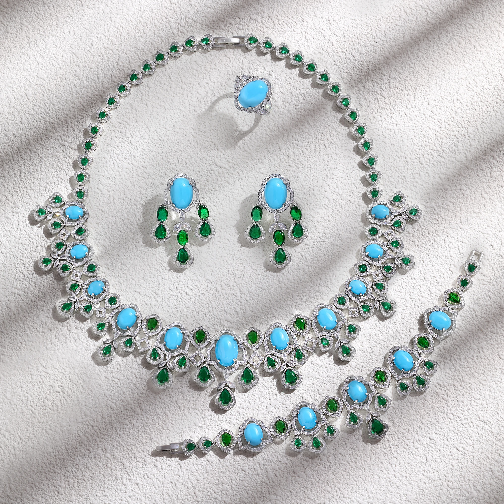 

2023 New Turquoise Colorful Zircon 4-Piece Bridal Wedding Jewelry Set Cubic zirconia Saudi Dubai Bridal Jewelry Set Gift