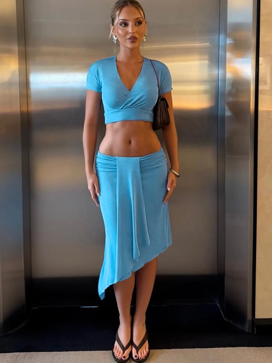 

Sisjuly Stylish Elegant Cross Sexy Short Sleeve T-Shirt Asymmetrical Sash Skirt Set Women Summer Casual Sportswear Ensemble