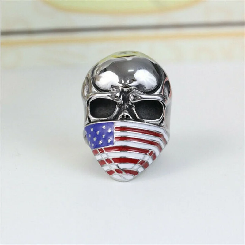 Men\'s Stainless Steel Vogue Design Usa Flag Pattern Skull Ring Size 8 9 10 11