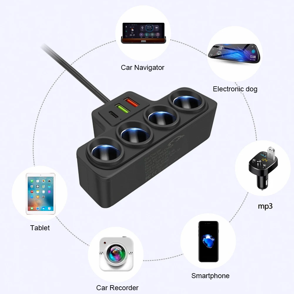 4-Socket Car Cigarette Lighter Splitter 12V-24V Phone Power Adapter 120W QC3.0+PD3.1A USB Car Phone Charger Socket Splitter Plug