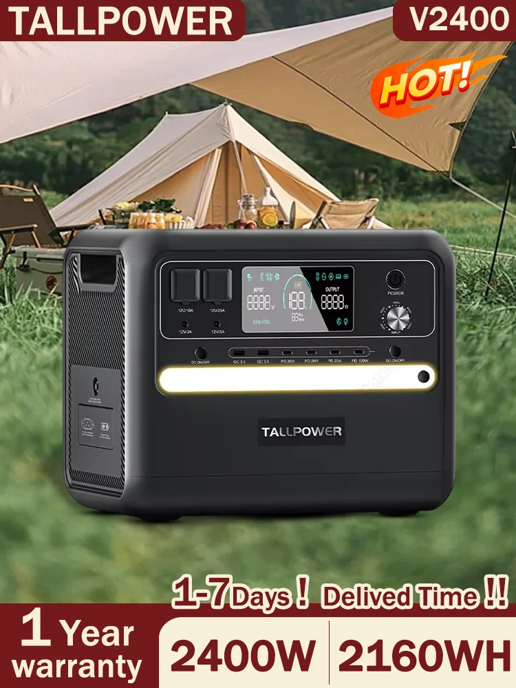 Die neueste tragbare Powerstation V2400p von TALLPOWER ist mit einem 2400W Solargenerator und einer 2160Wh Lithium-Eisenphosphat-Batterie ausgestattet, was sie für Notstromversorgung zu Hause und für
