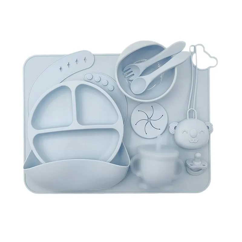 Ensemble d'alimentation pour bébé avec logo personnalisé, bol, assiette en silicone, polymères, paille, tasse à collation, cuillère, fourchette, britware pour garçons et filles, 10 pièces