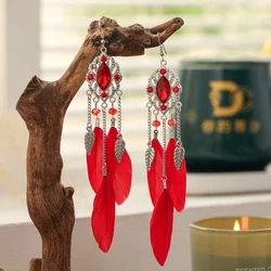 Fashion Temperament Bohemian Feather Earrings for Women Long Crystal Leaf Vintage Earring Female Wedding Party Jewelry