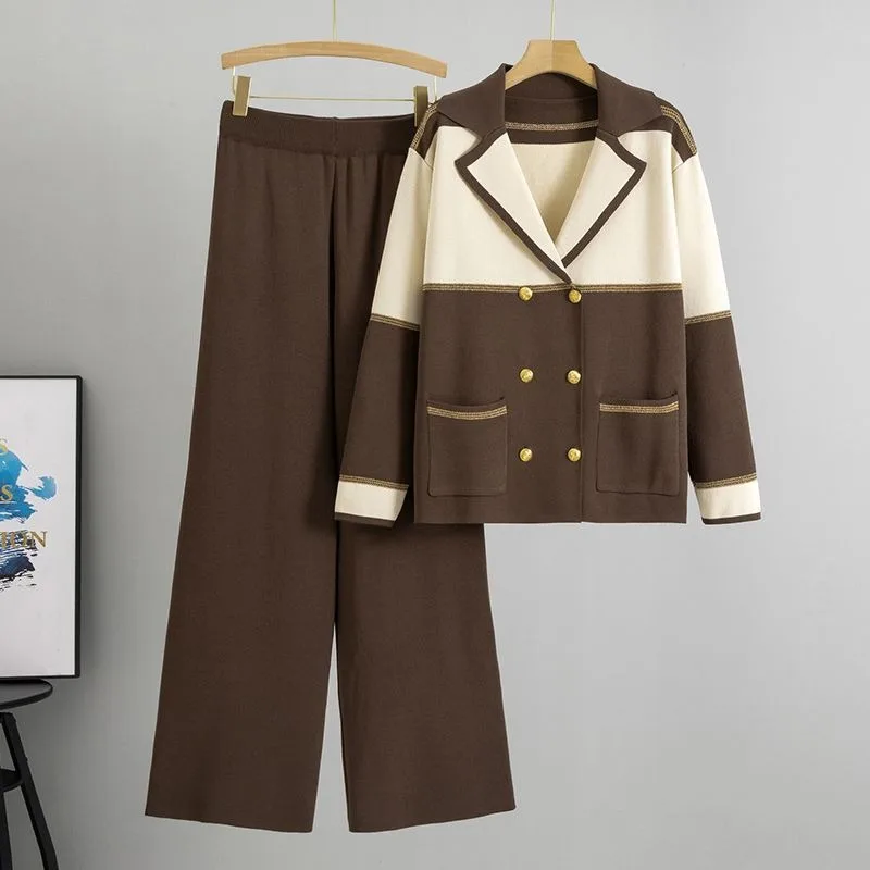 

Повседневная одежда, элитный костюм, женский свободный модный вязаный кардиган соответствующего цвета с высокой талией, широкие брюки, одежда для дома, уличная одежда