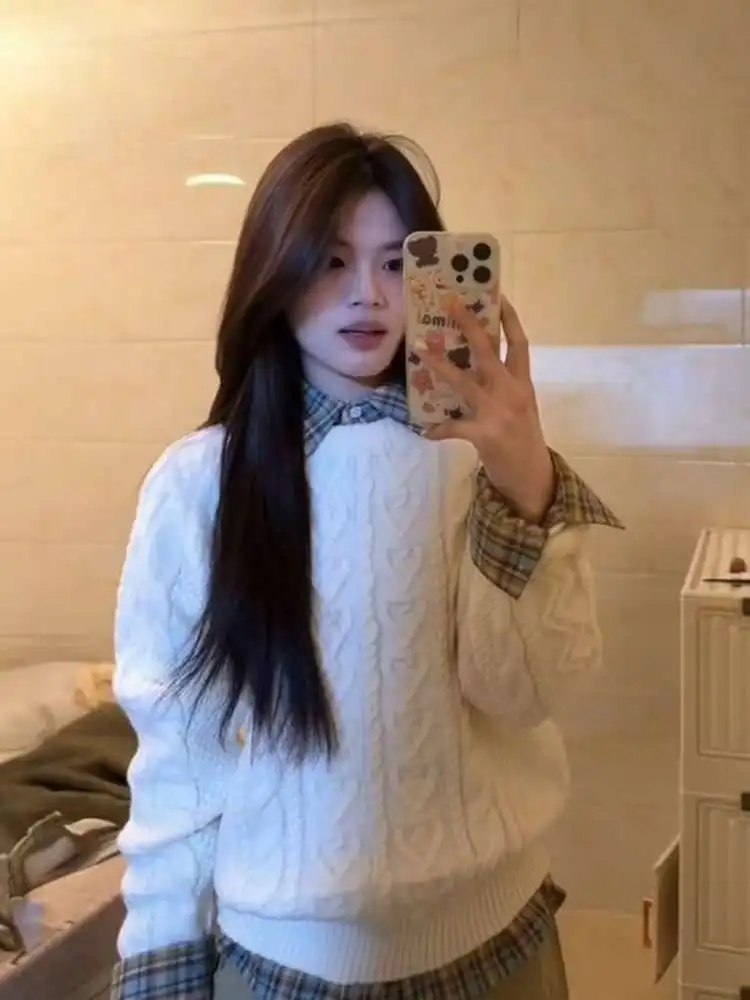 

Осенне-зимний женский вязаный свитер Ne и клетчатый комплект, нежный длинный свек со средней высокой талией, повседневная мода