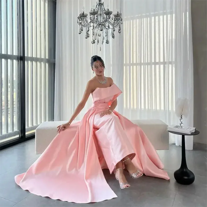 Customize Pink Strapless Prom Dresses Sleeveless Pleated Floor Length Women Evening Gowns Saudi Arabia Wedding Party Dresses