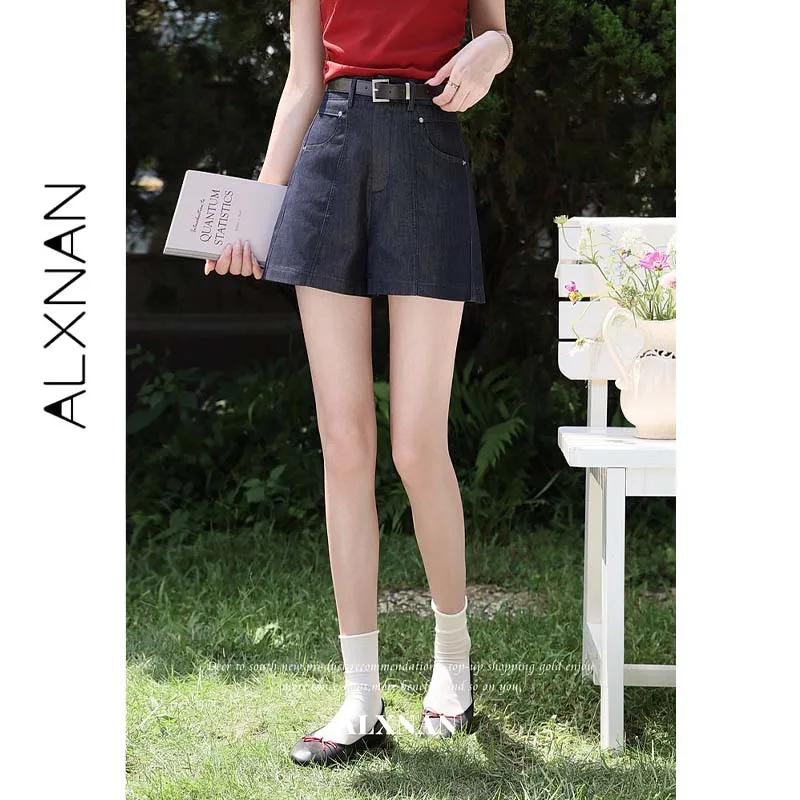 ALXNAN Women Dark Blue Denim A-line Shorts High Waist Stitch Seam Detail Wide Leg Casual Loose-fit Jean Shorts Summer L66913