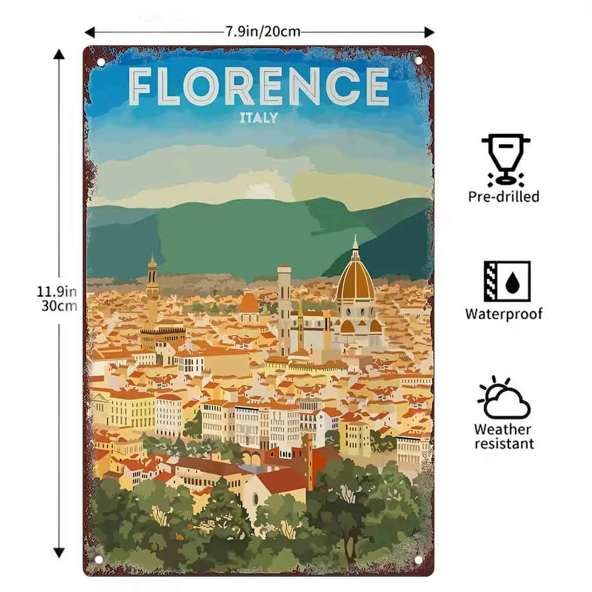 2D FLAT 1pc Florence Italy Vintage Cityscape Metal Wall Sign Decoration for Home Cafe Garage Bedroom Porch And Garden