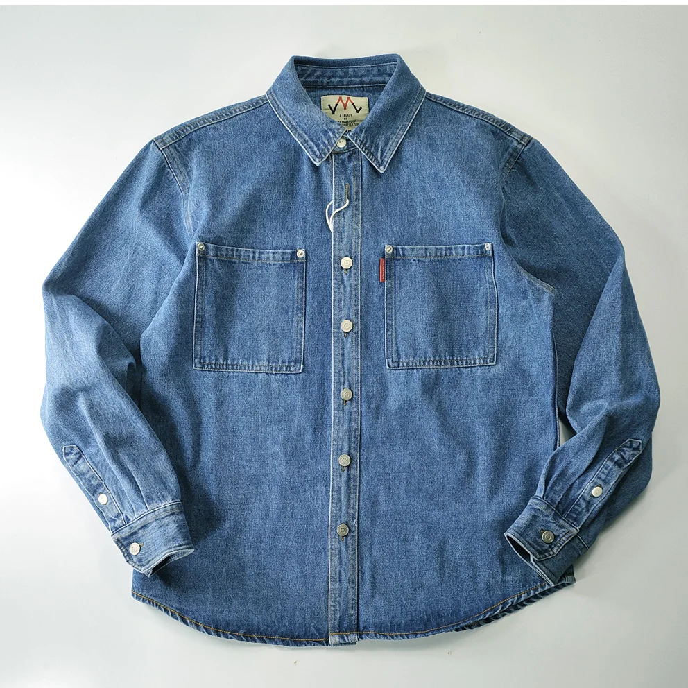 100% bawełna wiosenna i jesienna rozrywka retro kwadratowy kołnierzyk koszula dżinsowa sprany prosty gruby, odporny na zużycie dżinsowy płaszcz z długimi rękawami