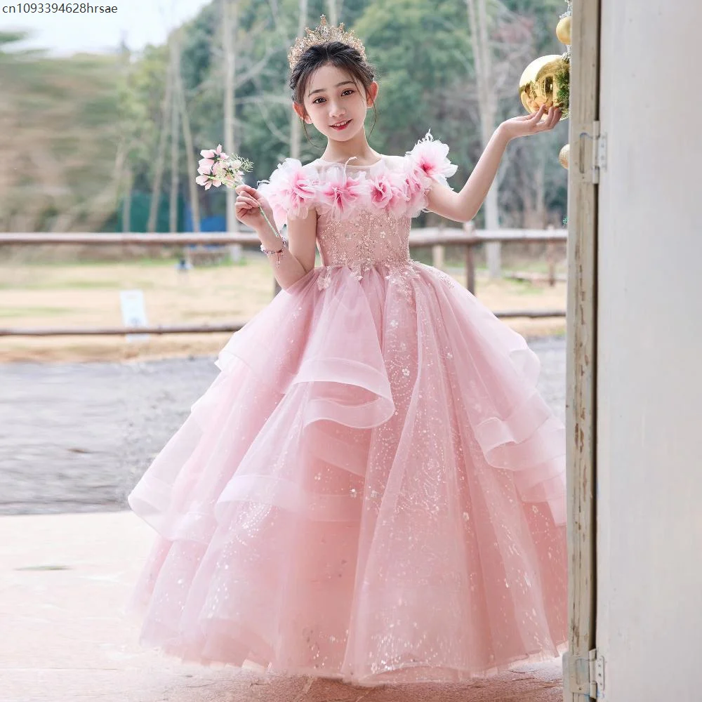 Girls Princess Birthday Dress Piano Performance Beautiful Costume Pink Hostess Children's Wedding Flower Girl Evening Outfit