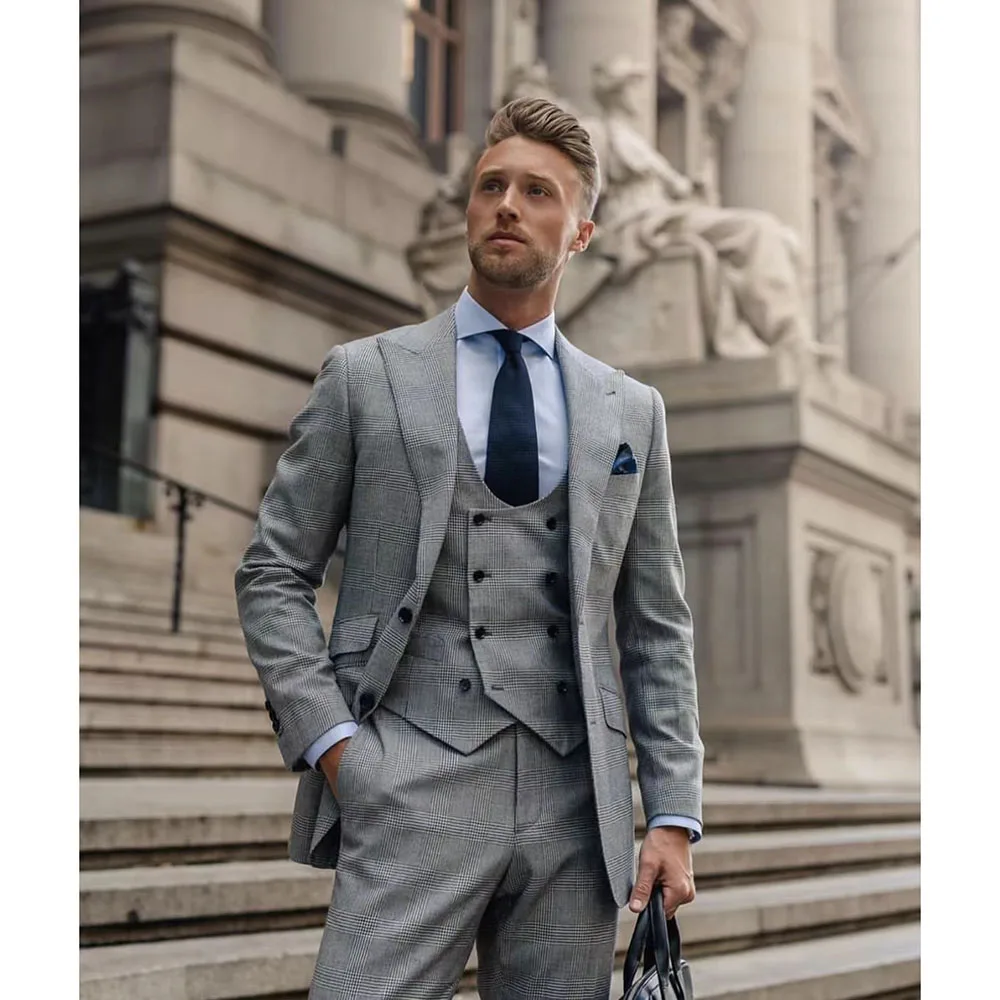 2023 New Style Men Wedding Suits Grey Plaid Peak Lapel Business Casual Formal Costume Homme Slim Fit 3 Pcs Set Jacket Vest Pants