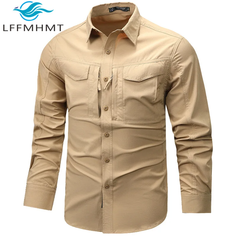 Men's Spring Fall Quick Dry Stretchy Cargo Shirt Multi Pocket Lightweight Loose Casual Button Down Work Tops