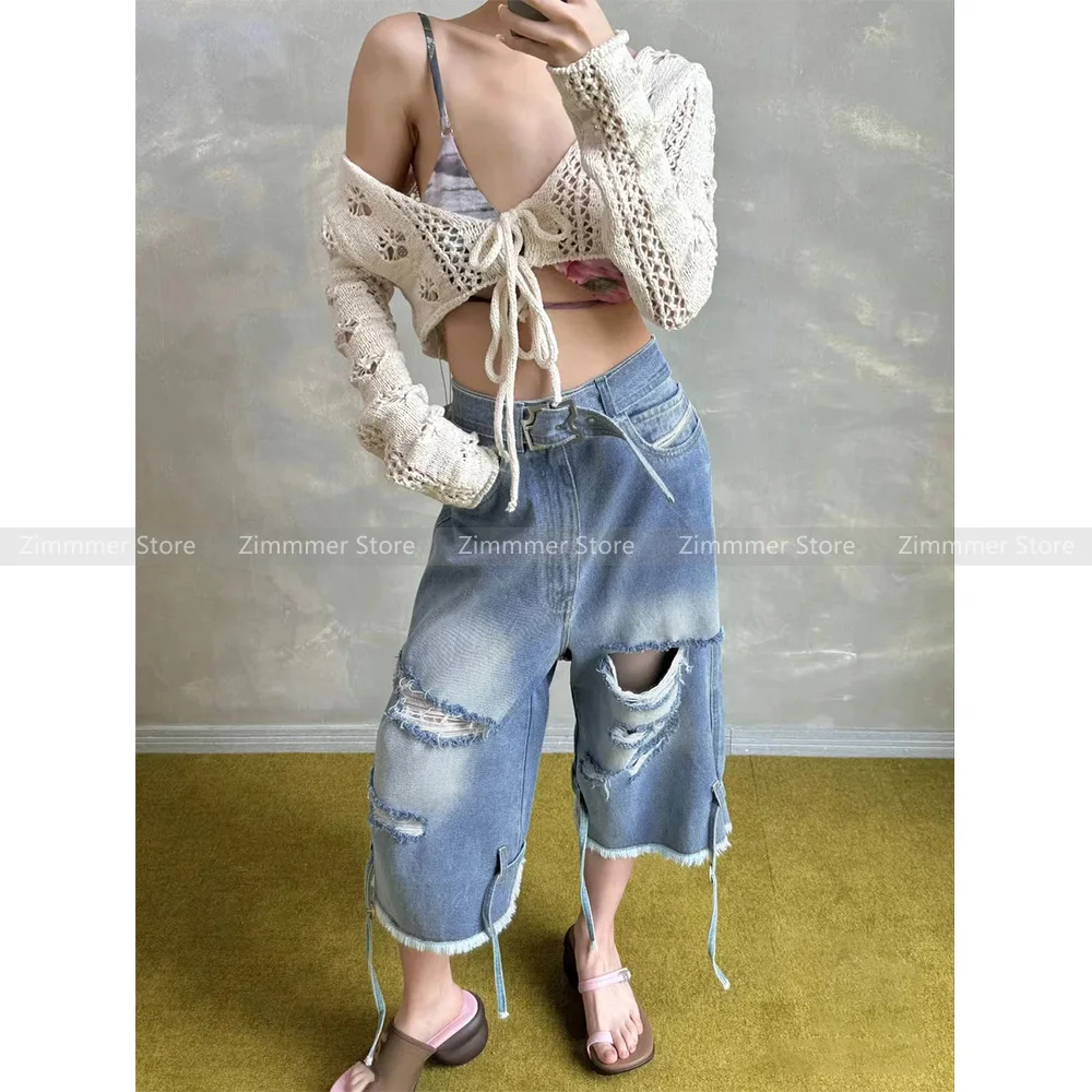 

2024 Summer new retro washed fashionable design burlap holes denim shorts female wide-leg seven-minute trousers