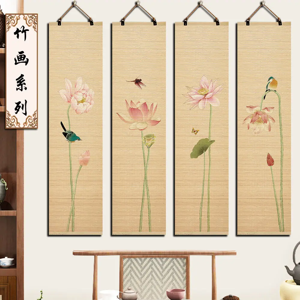 زن لوتس الخيزران التمرير نسيج الجدار شنقا - BnB ديكور الغرفة الصينية الجمالية لغرفة المعيشة، ديكور الحائط مع زنبق الماء #6