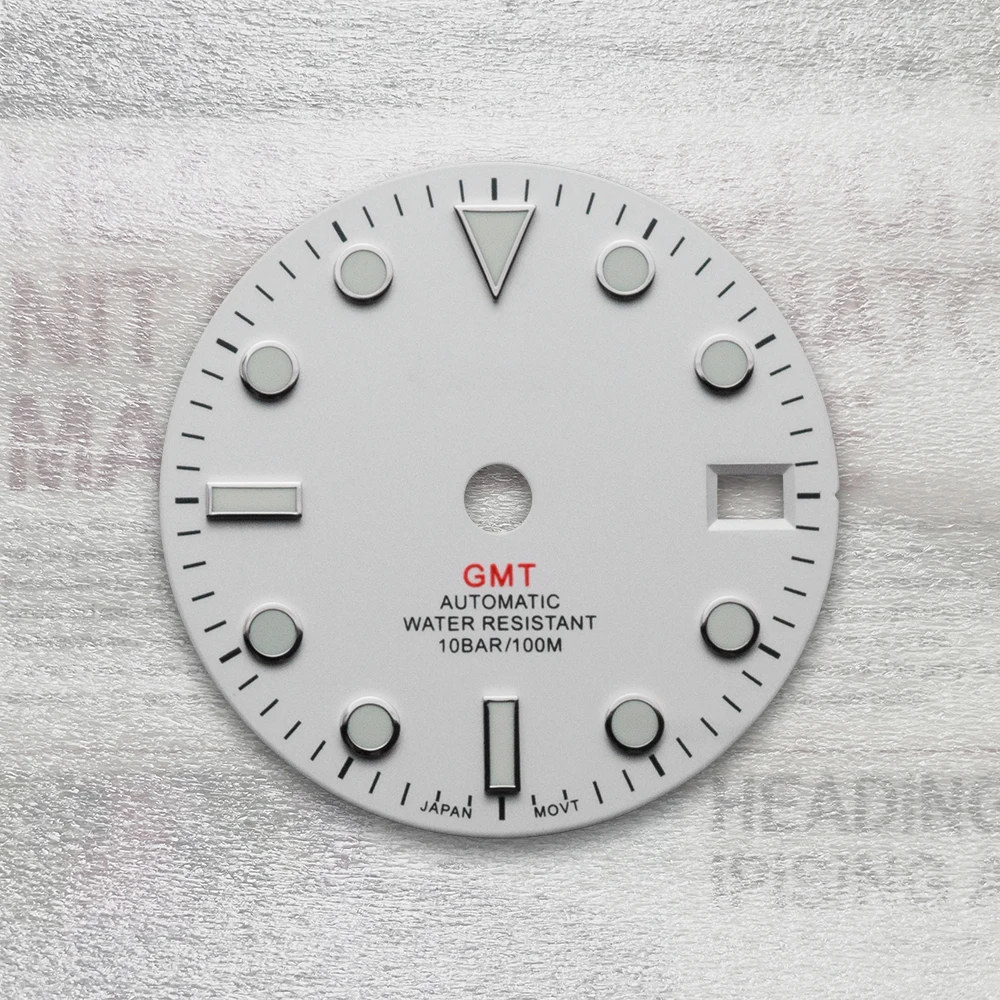 28.5mm S Logo GMT Dial Fit NH34 Movement Green Luminous White Matte Dial Watch Modification Accessories