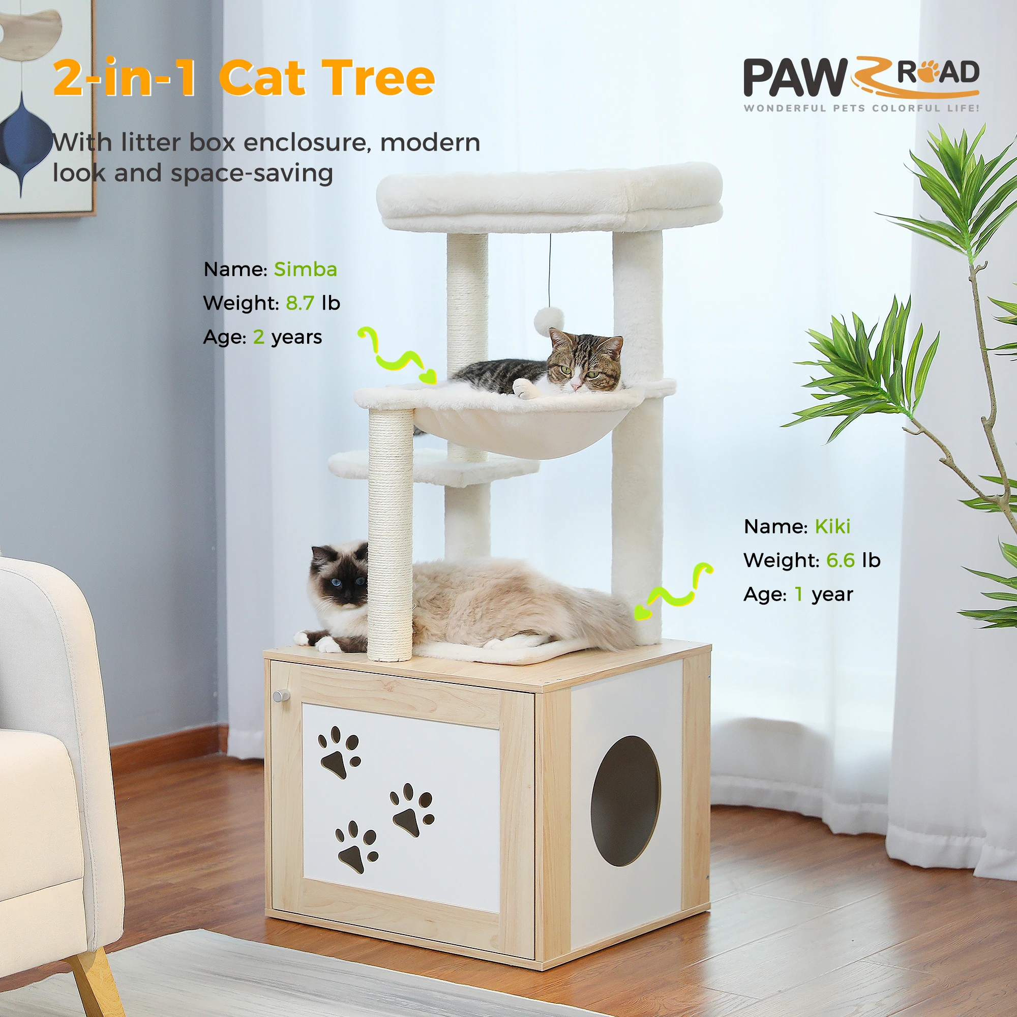 Height 117CM Luxury Modern Cat Tree with Cabinet Tower Wood Furniture with Litter Box Enclosure House Large Top Perch Nest Condo