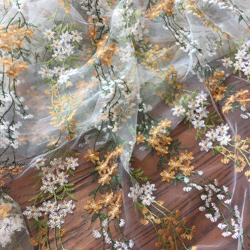 Soft African Tulle Mesh Lace Fabric Embroidered Dress, Diy Wedding Floral Curtain Sewing Patchwork Material Cloth, Width 130CM