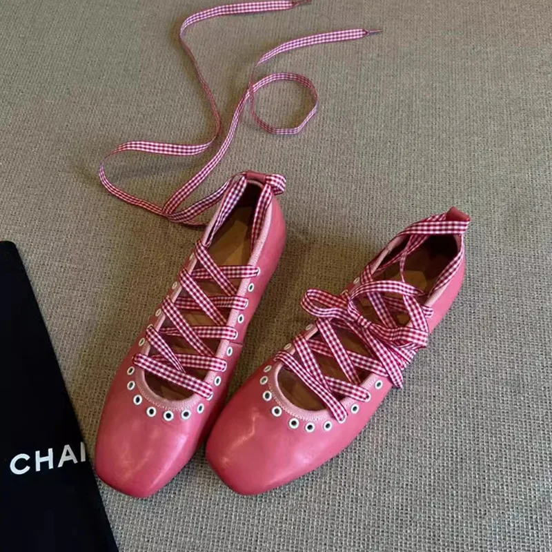 

Pink Soft Leather Ballet Women's Single Shoes Flat Sole Retro Square Toe Ankle Cross Strap Mary Jane Holes Hollow Zapatos Para