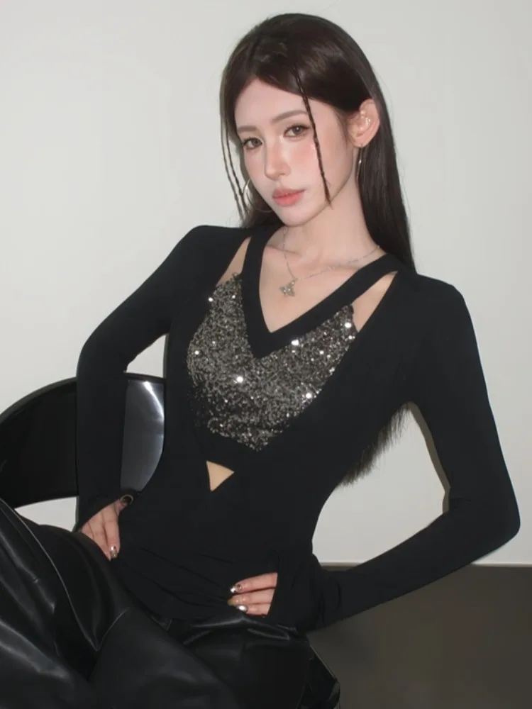 

Spicy Girl Long Sleeve T-Shirt Women's Slim Fit Hollow out V-Neck Glitter Patchwork Fake Two-Piece Base Shirt Spring Autumn