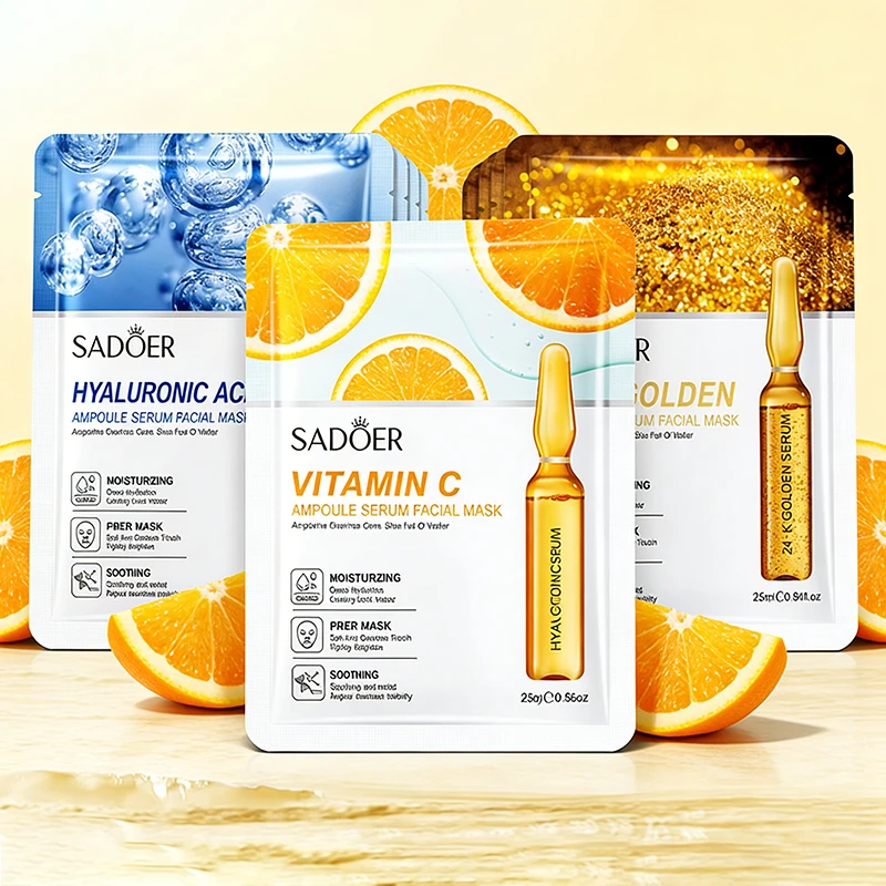 Set de 30 Mascarillas Faciales SADOER con Vitamina C, Ácido Hialurónico y Oro 24K, Hidratantes, Blanqueadoras, Calmantes y Reparadoras