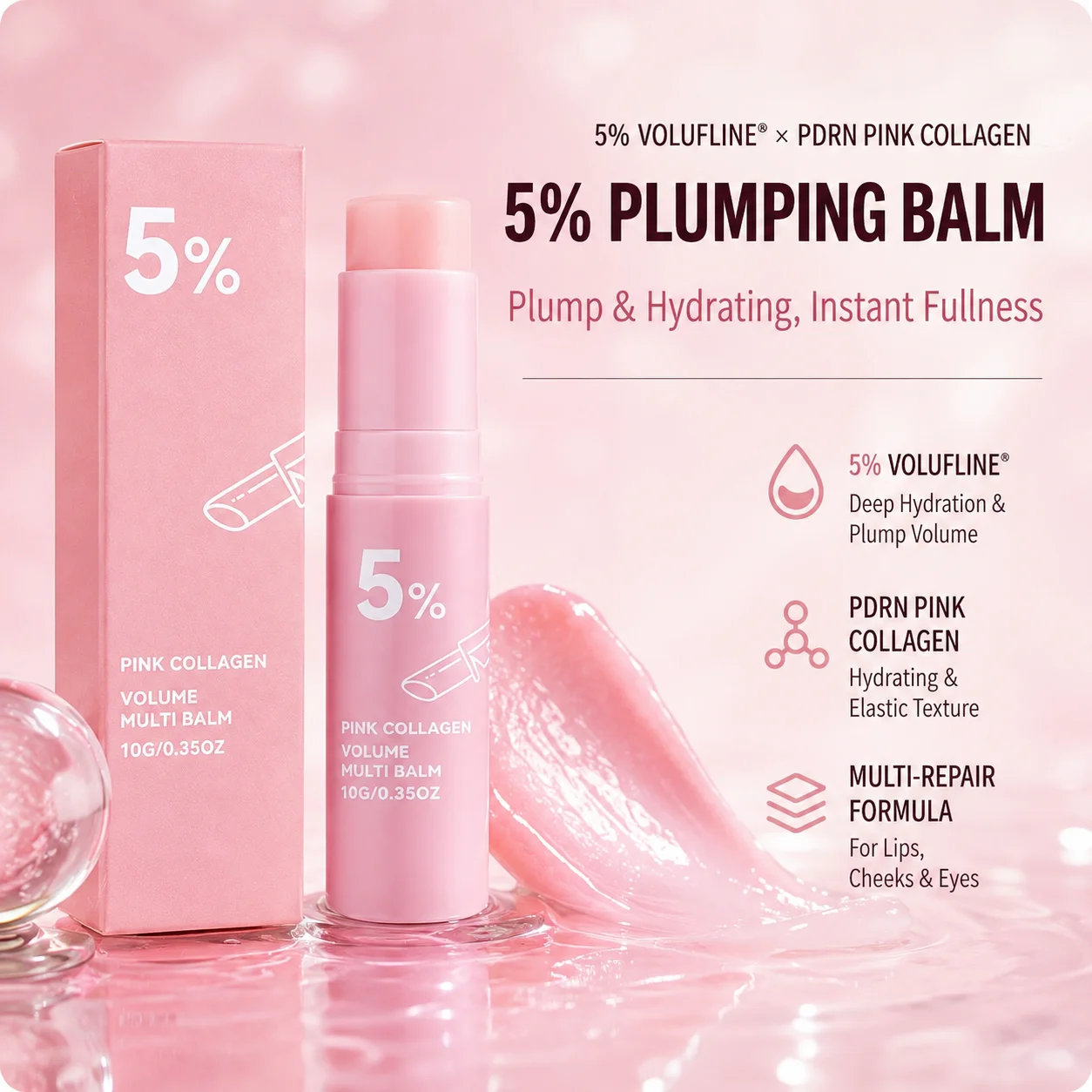 PDRN Pink Collagen Volume Multi Balm Stick 5% Volufiline,Deep Hydrating Firm Fade Fine Line Plumping For Face Eye Neck Skincare
