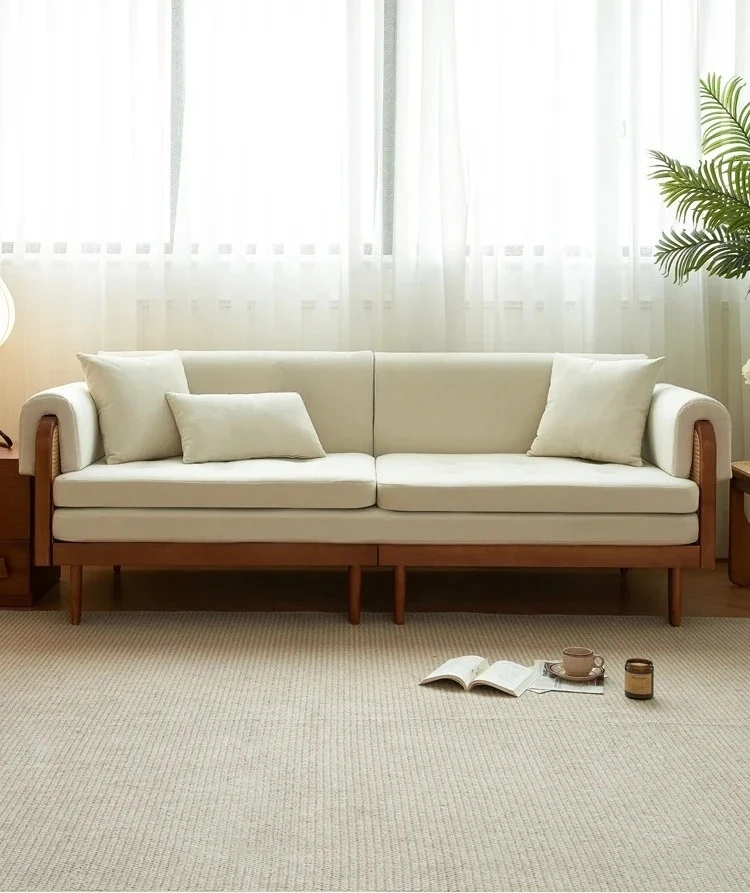 Sofá cama plegable Retro de doble uso, fila recta, madera maciza, ratán, sala de estar, tela de concubina imperial, moderno y sencillo