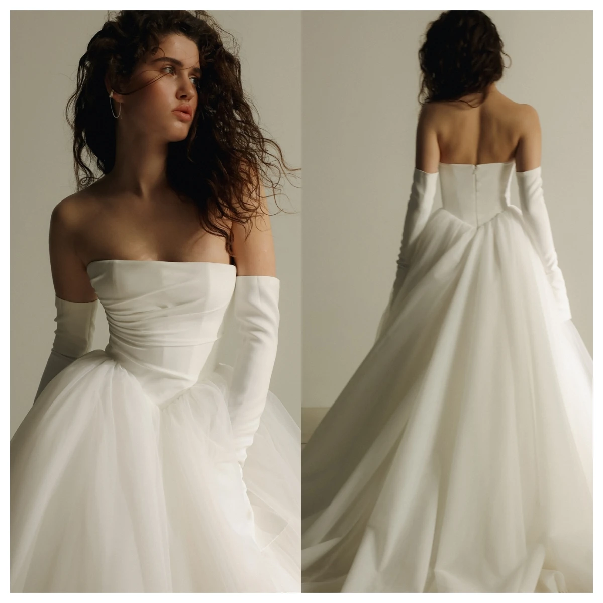 

Customized Temperament White Tulle Evening Dress Strapless Detachable Sleeve Celebrity Gowns Wedding Dress Zipper Back Formal