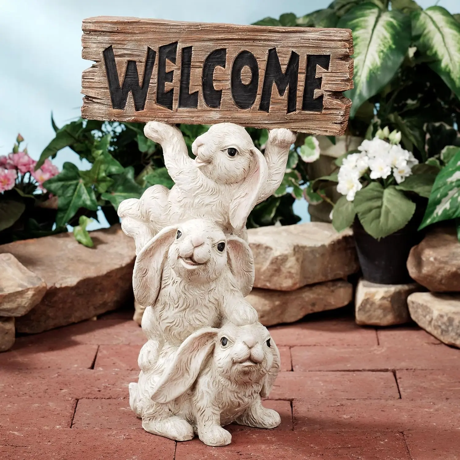 ch Of Class Bunnies Trio Welcome Sculpture - Resin - White, Brown - Indoor, Outdoor - Cute Smiling Hares For Entryway,