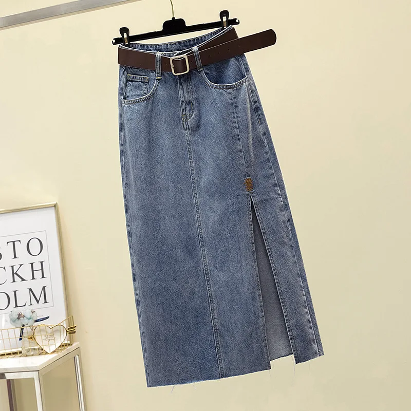 2024 retro split-ended Women denim skirts medium and long hip-wrapped high-waisted Woman A-character embroidered skirt