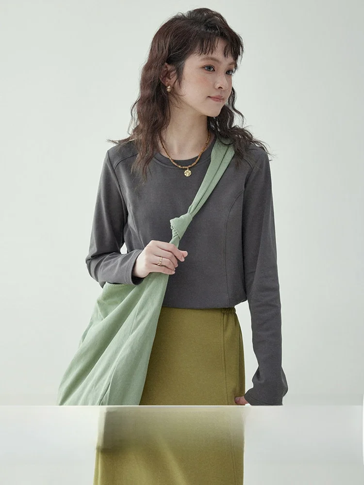 Slimming Effect Loose Long Sleeve round Neck T-Shirt Women's Base Shirt Top Casual Style Pure Color Cotton Blend Fabric