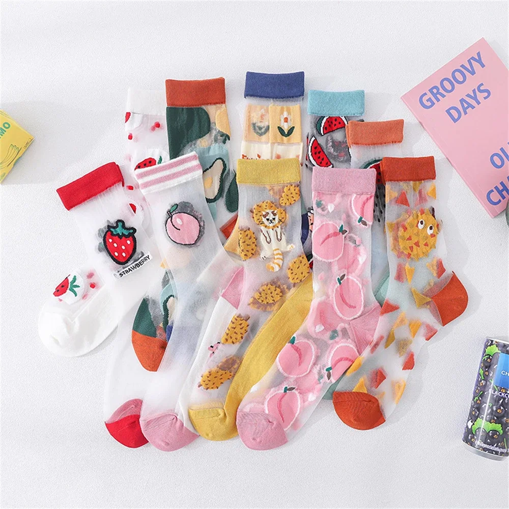 2 Pairs New Chic Harajuku Women Crystal Silk Funny Fruits Happy Summer Avocado Durian Peach Strawberry Watermelon Socks Dropship