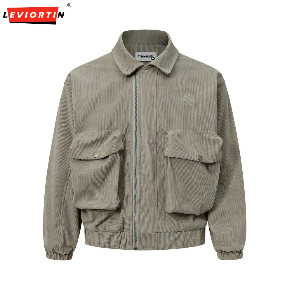 

High Street Men Big Pocket Corduroy Tooling Jacket American Fashion Spring Autumn Solid Color Loose Lapel Cargo Jacket