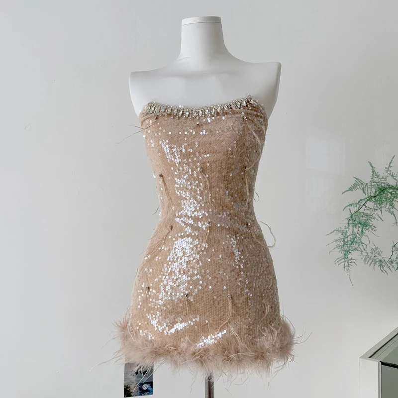 

Strapless Dress Luxury Feathers Sequins Mini Dress Women Diamond-encrusted Bodycon Dress Sexy Zip Up Evening Party Short Dress
