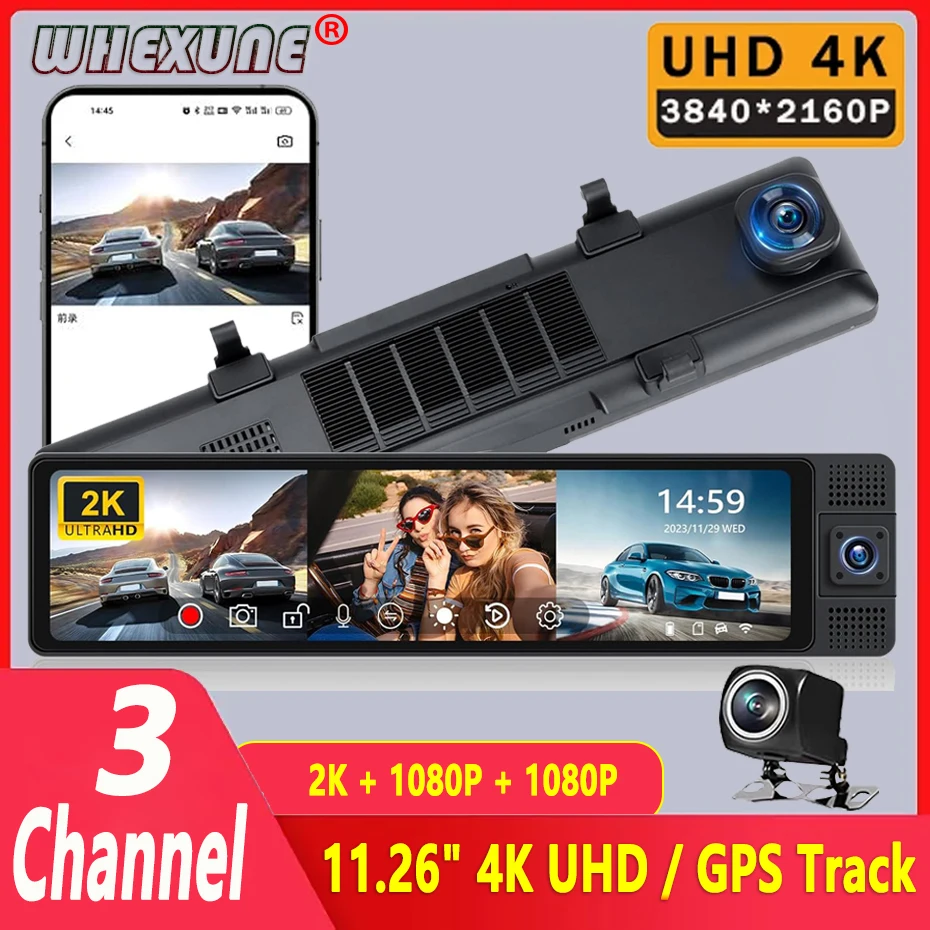 3 Channel Dash Cam Front Inside Rear Three Way Car Dash Camera 4K+1080P Dual Channel With GPS WiFi Night Vision Rearview Mirror