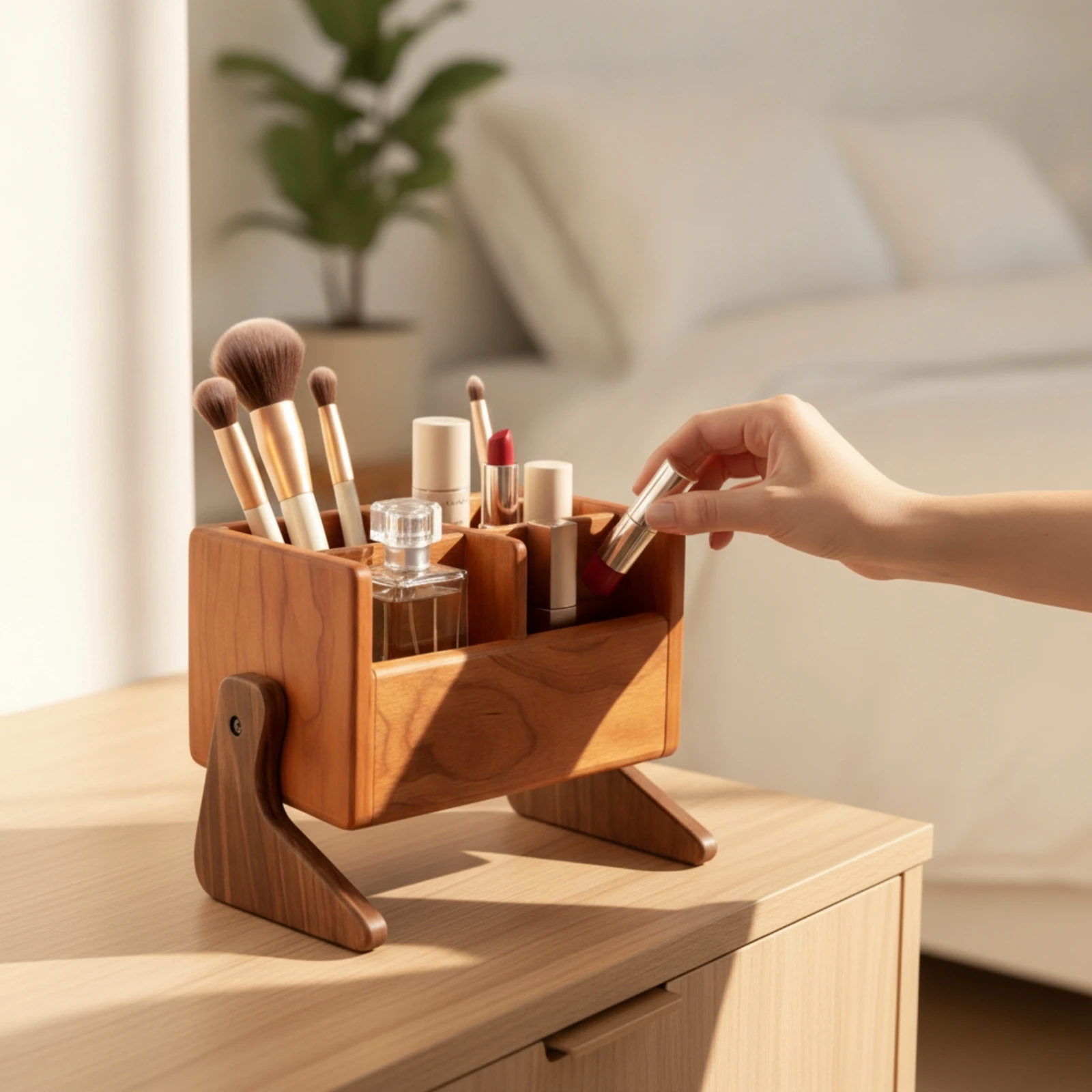 Wooden Cosmetic Storage Organizer Open-Top Wooden Vanity Organizer Makeup Storage Box Space-Saving Minimalist for Women