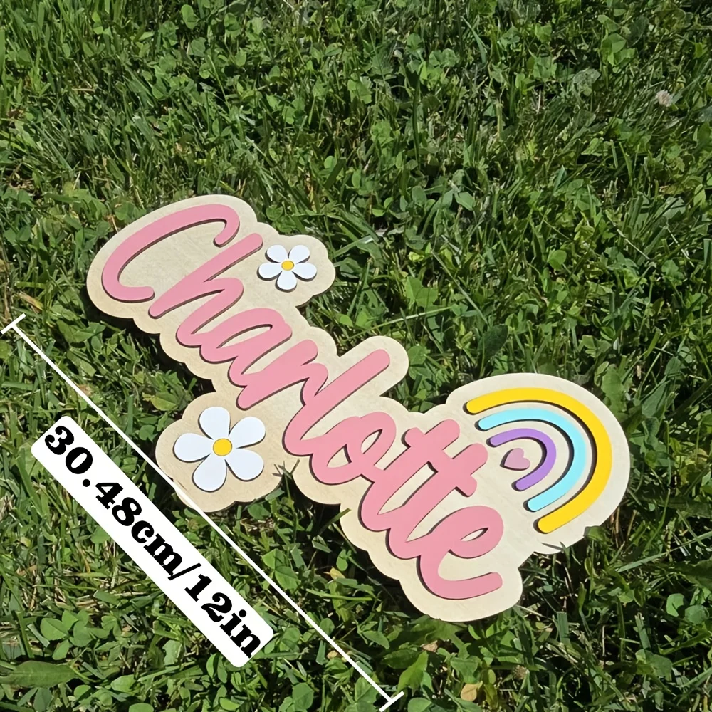 لافتة اسم خشبية مخصصة مع قوس قزح وزهور - لافتة باب "شارلوت" مخصصة، مثالية لغرف الأطفال أو الحضانات أو Ch