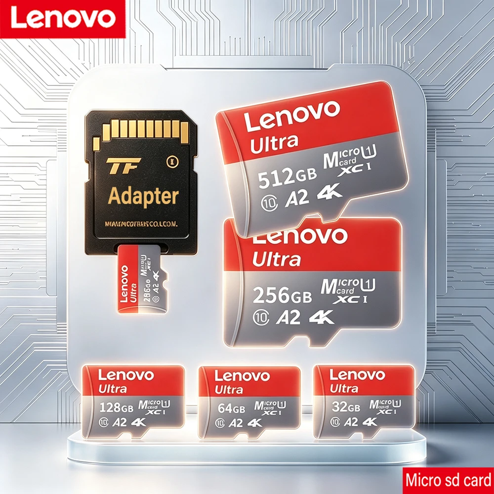 Cartão SD Original Lenovo de 512GB de Alta Velocidade, 128GB Micro TF, 256GB Classe 10 A2, Memória de Transferência Rápida para Telefones, Câmeras Digitais e PCs