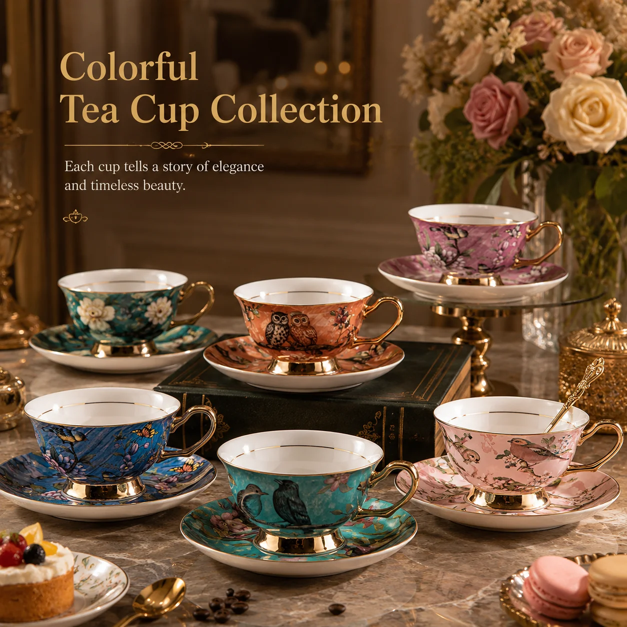 Luxury Bone China Coffee Cup Saucer Set Bird Floral Tea Cup Gold Rim Elegant Porcelain Gift Box for Women Birthday Wedding