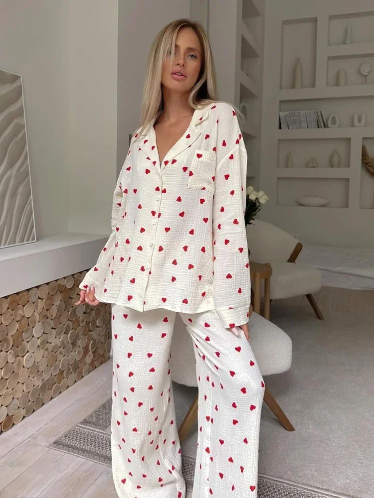 2024 Love Print Cotton Pajamas for Women Single-Breasted Pocket New in Women\'s Sleepwear Lapel Long Sleeve Woman Home Clothing