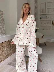 2024 Love Print Cotton Pajamas for Women Single-Breasted Pocket New in Women's Sleepwear Lapel Long Sleeve Woman Home Clothing