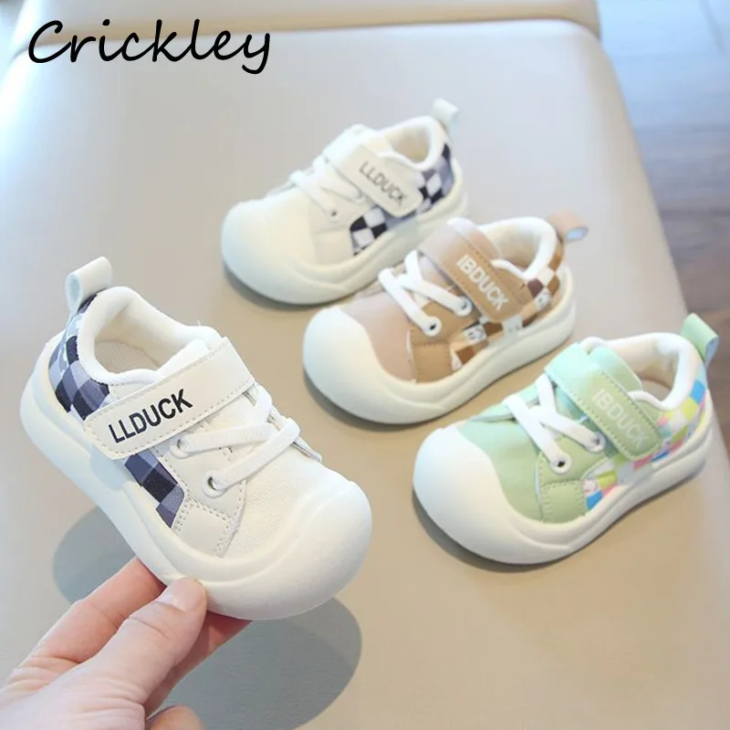 

Повседневная обувь в клетку в стиле пэчворк для маленьких мальчиков и девочек, весенне-осенние хлопковые кроссовки для малышей, детская спортивная обувь на мягкой подошве с застежкой на липучке