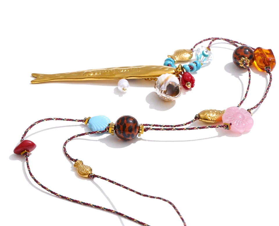 Yhpup Ocean Series Harz-Ketten-Halskette mit Fisch- und Muschel-Anhänger für Damen, Edelstahl, exklusiver Sommer-Schmuck – Detail 2