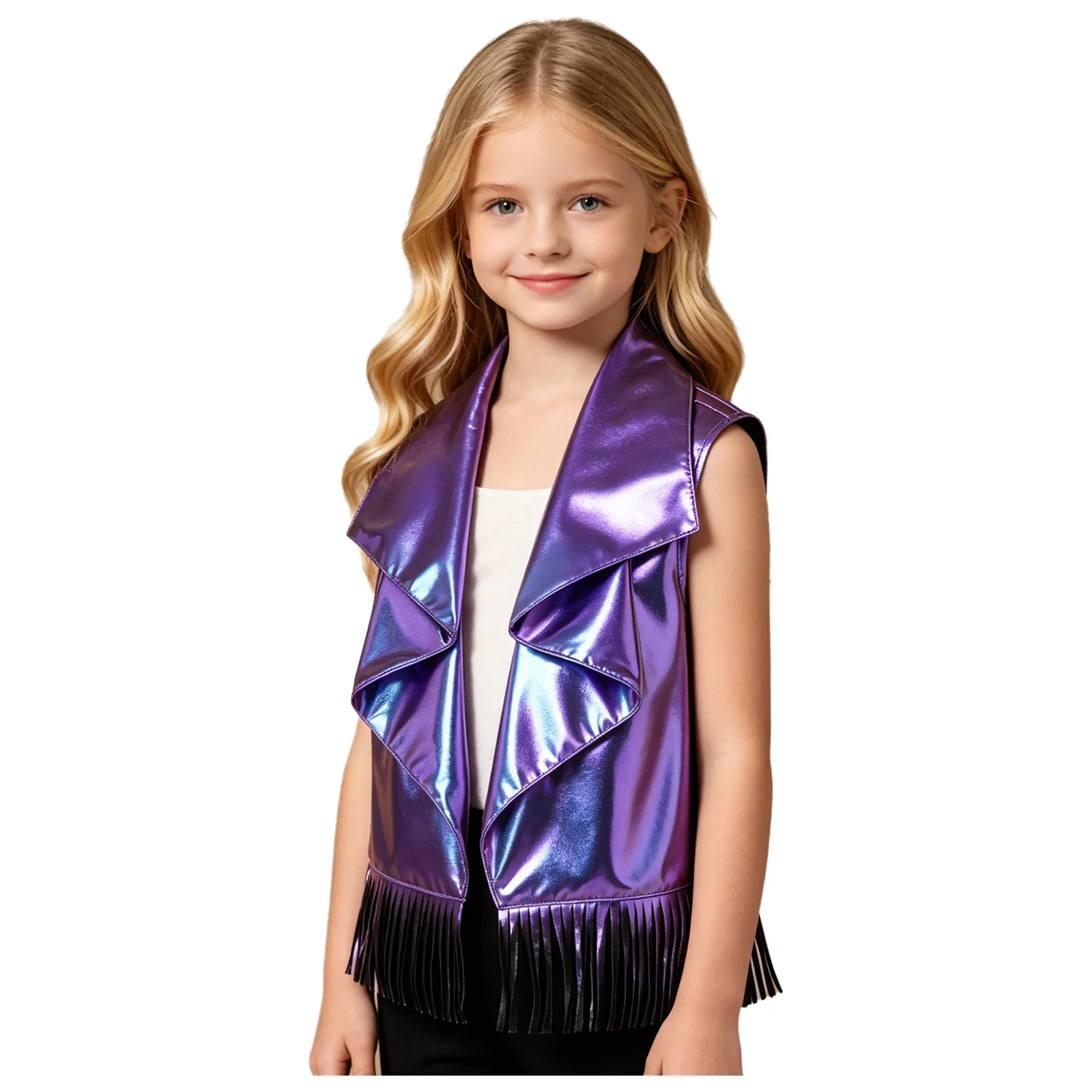 Children Disco Jazz Dance Costume Kid Dance Waistcoat Girls Metallic Shiny Sleeveless Vest Fashion Teens Rave Tassel Tank Top