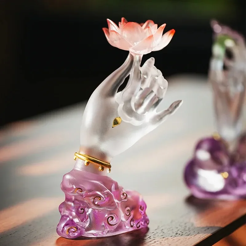 Vintage Red Lotus Glass Ornament Ancient Style Gradient Purple Cloud Base Desktop Decor for Tea Ceremony Jewelry Display